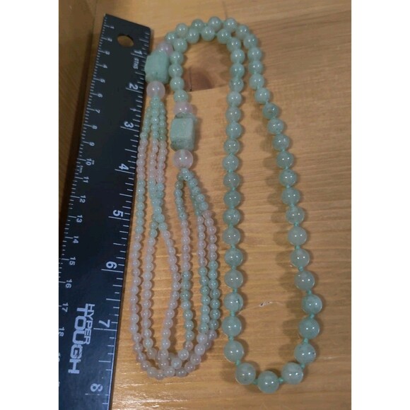 Vintage Fluorescent Green Glass Beaded Two Strand Layered Necklace 32” - Picture 6 of 8